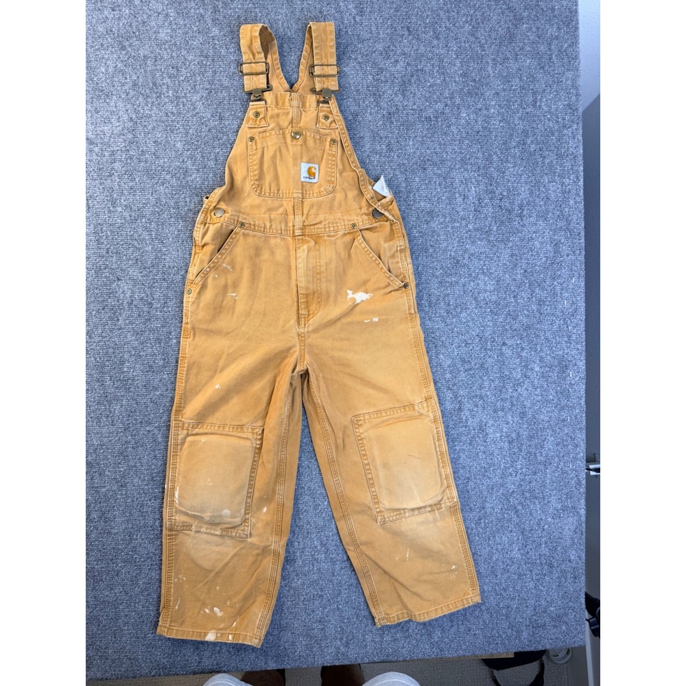 Carhartt Boys Size 7 Brown Cotton Canvas Double Knee Workwear Bib Overalls Faded